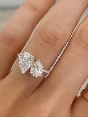 NEW Toi et Moi (You and Me) Double Pear CZ Open Ring in White